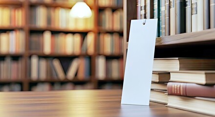 Blank Bookmark Mockup on Bookshelf in Cozy Library Interior