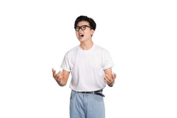 Man with Emotion: A young man is expressing his strong feelings and emotional expression while wearing eyeglasses, embodying inner emotion and feeling. 