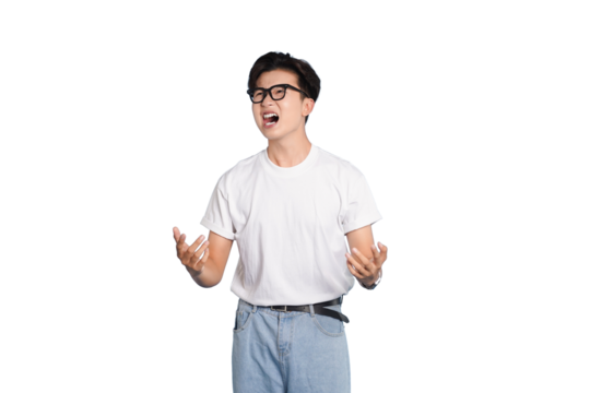 Man with Emotion: A young man is expressing his strong feelings and emotional expression while wearing eyeglasses, embodying inner emotion and feeling. 