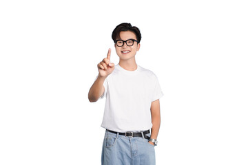 Confident Insight: A stylish person, radiating intellectual charm and a cheerful demeanor, points a...