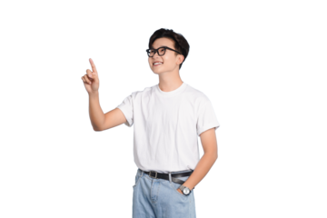Young Man Pointing Upward: A young man with eyeglasses, dressed casually in a white t-shirt, jeans and watch, points enthusiastically upward, embodying curiosity, direction and inspiration.