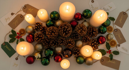Warm glowing candles illuminate pinecones, ornaments, and gift tags with words of peace and joy, perfect for festive holiday season promotions