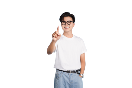 Confident Insight: A stylish person, radiating intellectual charm and a cheerful demeanor, points a finger with a focused expression. conveying clarity and precision.