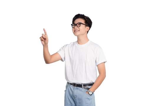Young Man Pointing Upward: A young man with eyeglasses, dressed casually in a white t-shirt, jeans and watch, points enthusiastically upward, embodying curiosity, direction and inspiration.