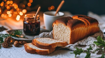 Freshly baked bread with slices on a rustic table, accompanied by jam and a cup, with warm lights in background