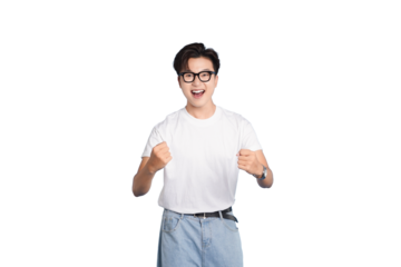 Joyful Expression: A cheerful individual is filled with pure joy, captured in this moment of elation, expressing happiness with arms raised in victory.