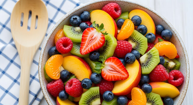 Close up of fresh fruit salad in bowl with wooden spoon