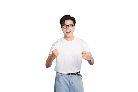 Joyful Expression: A cheerful individual is filled with pure joy, captured in this moment of elation, expressing happiness with arms raised in victory.