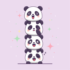 Cute stacked panda characters with different expressions cartoon illustration
