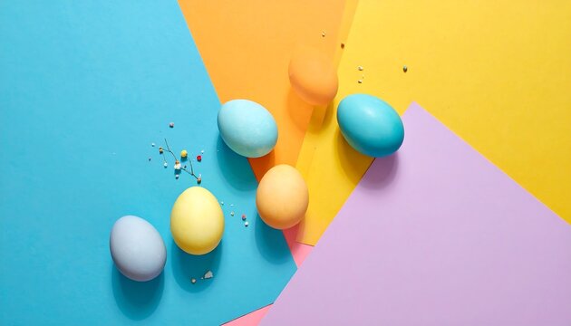 Pastel colored easter eggs arranged on a vibrant and geometric background with sprinkles