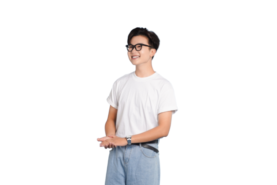 Smiling man in casual attire: A portrait of a friendly man, radiating warmth, donned in casual attire, with stylish eyeglasses and a radiant smile, capturing a moment of relaxed happiness. - Powered by Adobe