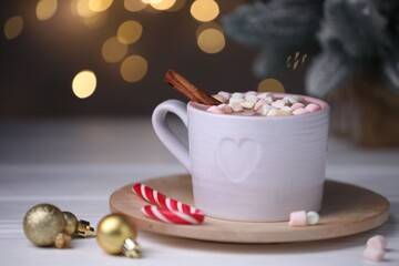 Tasty cocoa with marshmallows, cinnamon, candy cane and Christmas ornaments on white wooden table against blurred lights, closeup. Space for text