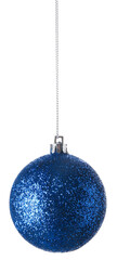 Beautiful blue Christmas ball hanging on white background