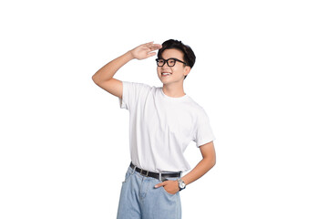 The Horizon's Gaze: A thoughtful individual in glasses, shielding his eyes and looking towards the future with a hopeful expression, embodying vision and aspiration.