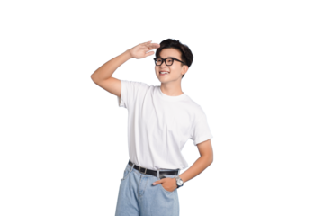 The Horizon's Gaze: A thoughtful individual in glasses, shielding his eyes and looking towards the future with a hopeful expression, embodying vision and aspiration.