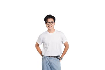 Cheerful Nerd in Glasses: A young, bespectacled individual poses with confidence, wearing casual attire, highlighting their approachable and friendly nature.