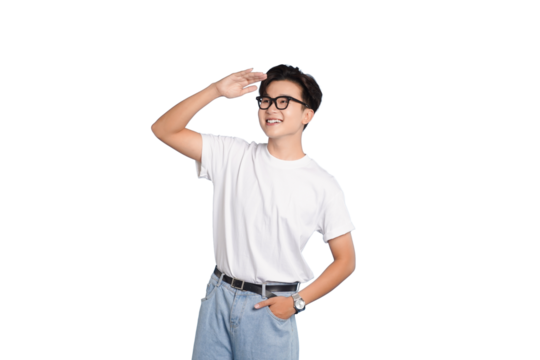 The Horizon's Gaze: A thoughtful individual in glasses, shielding his eyes and looking towards the future with a hopeful expression, embodying vision and aspiration.