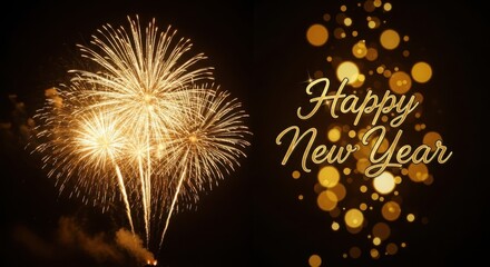 Golden fireworks explode against a dark sky with a happy new year greeting