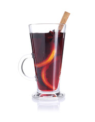 Tasty mulled wine in mug isolated on white