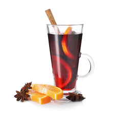 Tasty mulled wine, orange slices and anise isolated on white