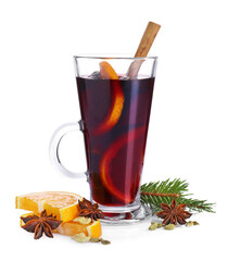 Tasty mulled wine, fir tree branch, orange slices and anise isolated on white
