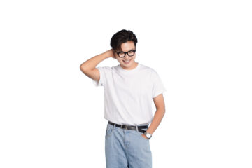 Casual Reflection: A young individual, clad in a simple white tee and stylish glasses, pauses in a moment of thoughtful reflection.