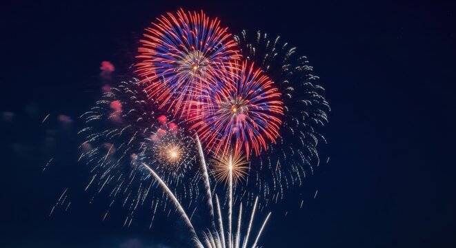 Vibrant red and blue fireworks burst spectacularly against the dark night sky