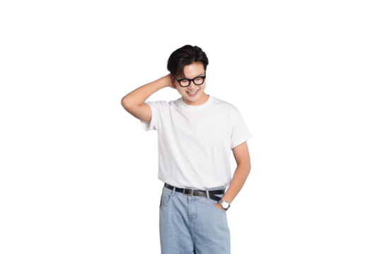 Casual Reflection: A young individual, clad in a simple white tee and stylish glasses, pauses in a moment of thoughtful reflection.