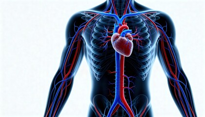 3D rendering of the human circulatory system with heart, arteries, and veins visible within a translucent body.