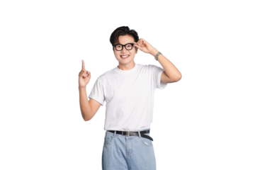 Joyful Expression: A smiling individual, donned in stylish spectacles and a casual ensemble, confidently points upwards, exuding a sense of enthusiasm and vision.