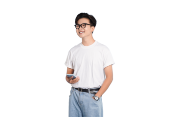 Young man holding smartphone: A young man, smartly dressed in a casual style, holds his smartphone and is captured smiling with genuine happiness.