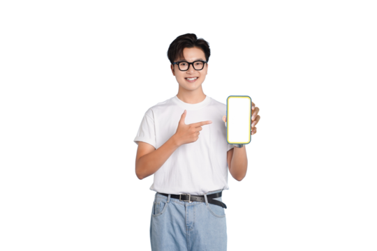 Smart Demonstration: A young man wearing glasses, cheerfully presenting a modern smartphone with a blank screen, pointing directly at the device in a gesture of showcase and user interface.