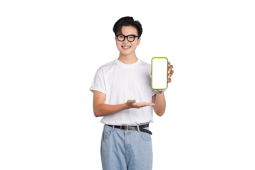 Smiling Man Showcasing a Mobile Phone: An affable man, his smile radiant, holds a mobile phone, inviting a closer look at the screen. Presenting technology with genuine enthusiasm.