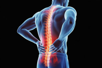 A male figure displaying back pain with a glowing red spine, highlighting suffering and injury in a detailed medical illustration
