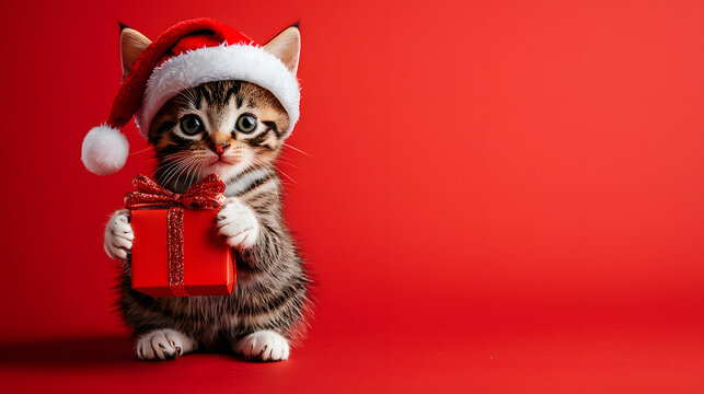 A cute cat in a Santa hat holding a gift box against a red background with copyspace