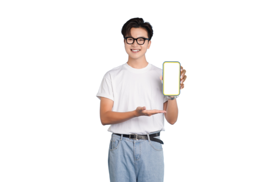 Smiling Man Showcasing a Mobile Phone: An affable man, his smile radiant, holds a mobile phone, inviting a closer look at the screen. Presenting technology with genuine enthusiasm.
