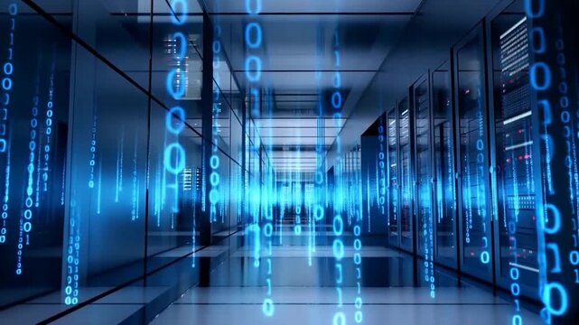 Futuristic Data Center Corridor with Flowing Binary Code Displays Representing Digital Information Storage and Transmission in a High-Tech Environment