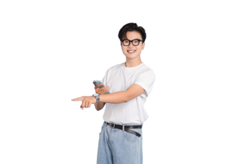 Modern Smart Tech: A young man, styled in smart casual attire, demonstrates a smart watch, connecting to the digital world.