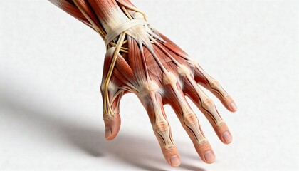 Detailed anatomical illustration of the human hand showing muscles, tendons, and bones.