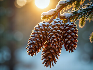 Snow-covered pine cones on branch with golden sun flare, with copy space