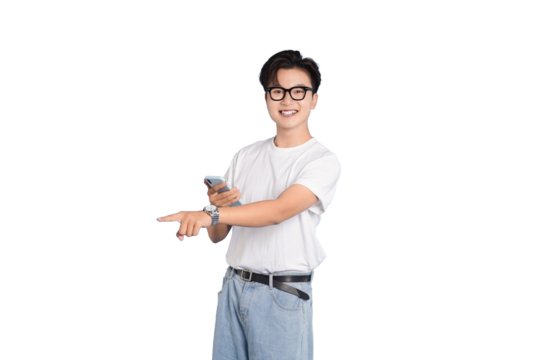 Modern Smart Tech: A young man, styled in smart casual attire, demonstrates a smart watch, connecting to the digital world.