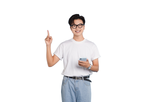 Confident Man with Smartphone: A contemporary individual, sporting glasses, holds a smartphone, his expression suggesting he's highlighting or pointing towards something of interest.