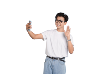 Smiling Person with Phone: A youthful individual, captured in a bright studio, holding a phone and gesturing a friendly wave, personifying modern connection and cheerful interaction.