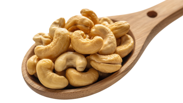 Roasted Cashews in Wooden Spoon isolated on a transparent background