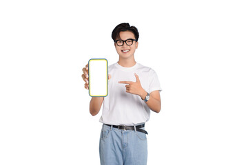 Smart Display Showcase: A youthful individual, radiating enthusiasm, showcases a smart device with...