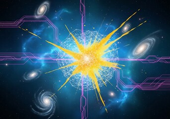 Geometric supernova illustration with digital traces in celestial backdrop