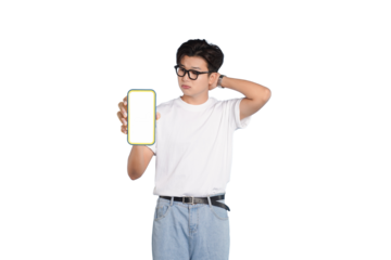 Smartphone Dilemma: A thoughtful individual, wearing glasses, presents a blank smartphone screen, seemingly pondering a challenge or decision.