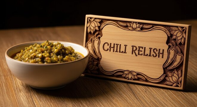Chili Relish Bowl with Herb Flecks – Hand-Carved Cypress Wood Plaque, Chili Cluster & Lotus Motifs 