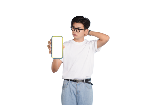 Smartphone Dilemma: A thoughtful individual, wearing glasses, presents a blank smartphone screen, seemingly pondering a challenge or decision.