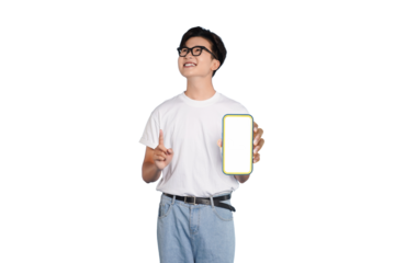 Tech-Savvy Individual with Smartphone: A young, confident individual showcases a modern smartphone with a blank screen, suggesting endless possibilities for technology.